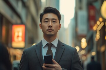 young Asian man in a business suit walking down the street near office buildings, using a mobile phone while moving between professional meetings, exuding efficiency and purpose, Generative AI