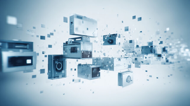 Minimalist vector style showing old media silhouettes dissolving to pixels as modern digital device icons emerge, symbolizing media shift and evolution