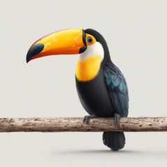 Obraz premium Colorful Toucan Bird Sitting on Wooden Branch in Neutral Background