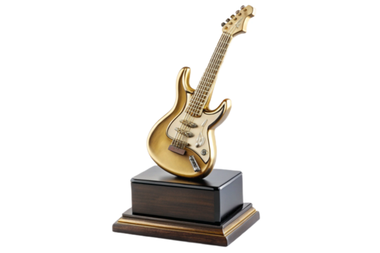 Golden electric guitar trophy on stacked bases recognizing musical achievement and excellence transparent background - Powered by Adobe
