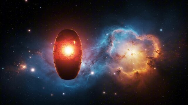 Floating red pod with a bright core in space set against nebulae and scattered stars