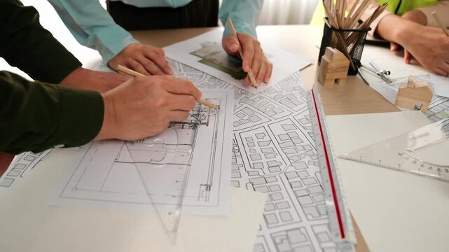 Smart architect and safety engineer discussion about building blueprint on table with architectural document, measurement tools and wooden block scatter around at modern office. Closeup. Delineation.