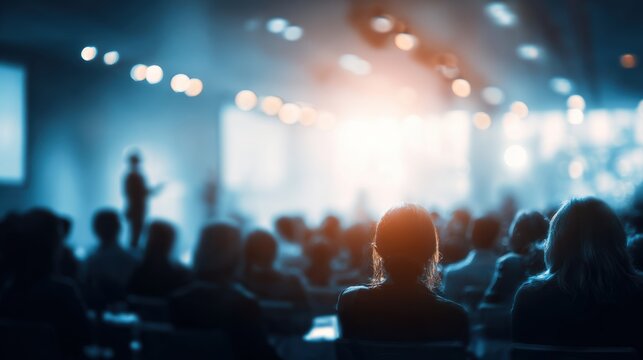 Audience at a conference, captivated by a speaker's presentation, surrounded by soft lighting and anticipation.