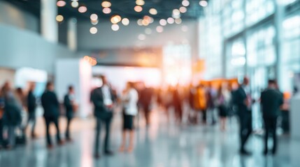 Blurred background of a corporate event with professionals networking and engaging in discussion.