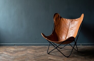 A leather butterfly chair with a metal frame placed against a plain wall
