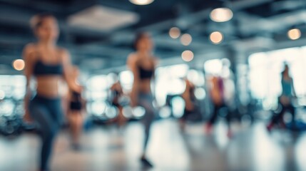 Blurred image of people exercising in a modern gym, showcasing fitness and active lifestyle in a dynamic environment.