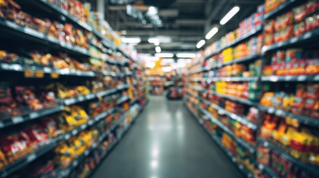 Blurred image of a grocery store aisle filled with colorful product packaging, showcasing various food items.