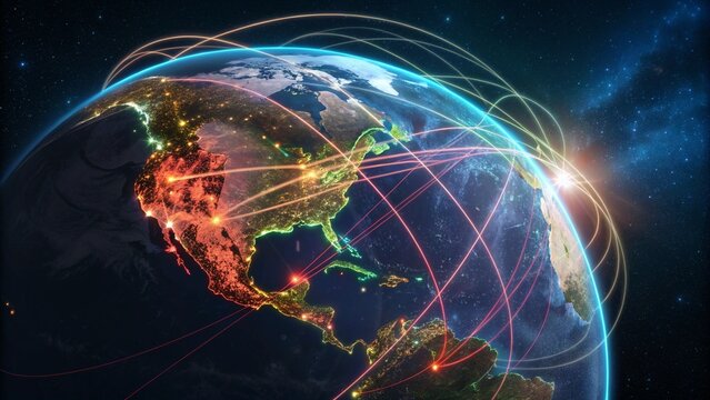 Global network of light trails connecting cities across the earth at night