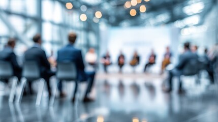 Blurry image of a business meeting, showcasing focused professionals engaged in discussion and collaboration.