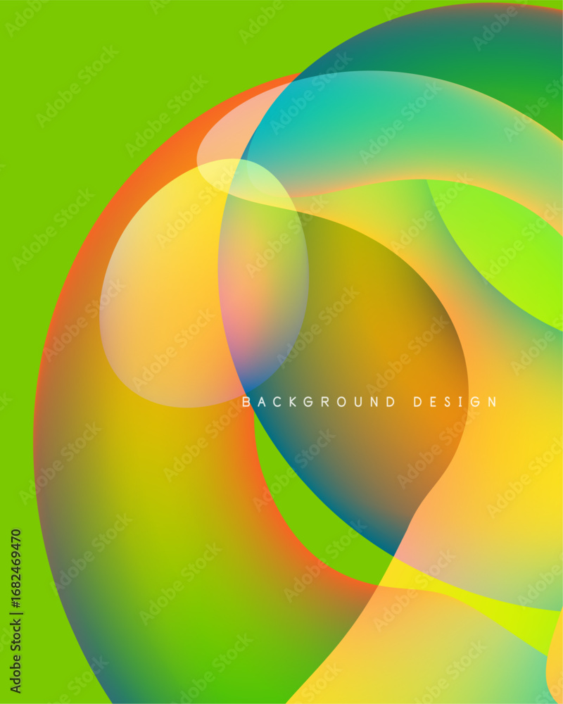 Poster abstract colorful shapes overlap, creating vibrant visual effect. background design features smooth 