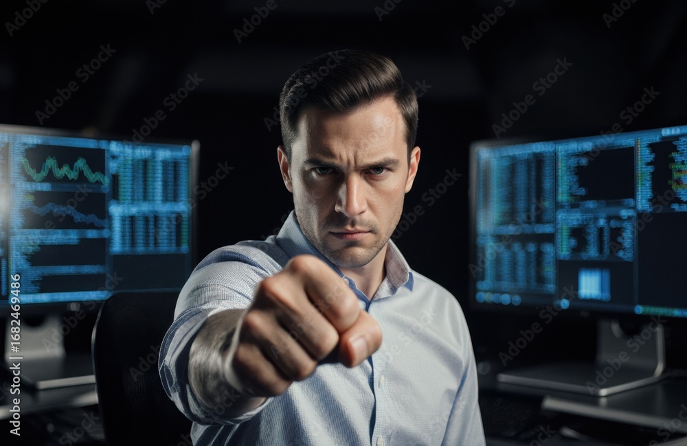 Aufkleber businessman pointing directly at the camera in a high-tech office environment with multiple computer