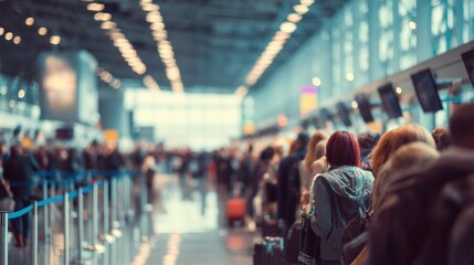 Busy airport scene depicting travelers in line, showcasing the hustle and bustle of air travel during peak hours.