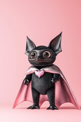 Cute cartoon bat superhero with a pink heart and cape standing against a pink background