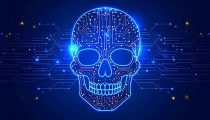Digital skull, circuit design, glowing blue