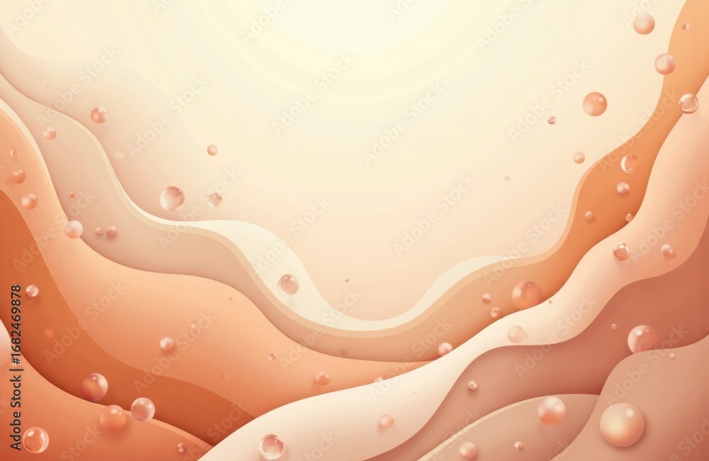 Poster soft abstract background with flowing curves and bubbles in warm peach and beige tones