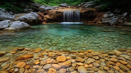 Serene Natural Scene: Small Waterfall into Clear Shallow Pool with Turquoise Water, Pebbles & Lush Green Trees