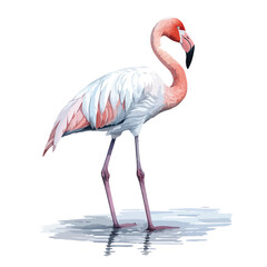 Fototapeta premium Elegant flamingo standing in shallow water its pink and white plumage reflecting in the ripples