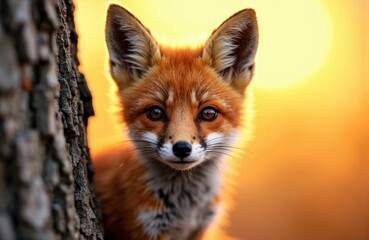 Fototapeta premium A curious fox peeks from behind a tree during sunset with warm golden light illuminating its face