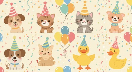 Obraz premium Cute Animals Party Pattern with Balloons and Confetti.