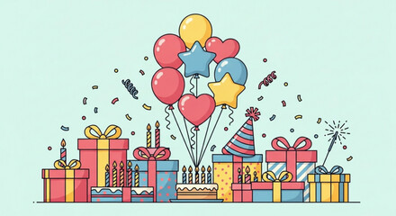 Happy birthday party celebration with gifts balloons cake confetti and party hat vector illustration design