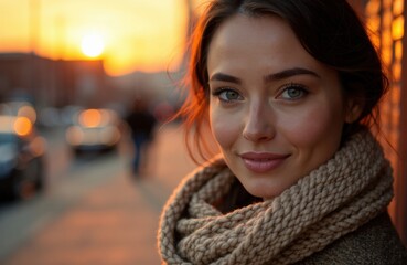 Woman with blue eyes and dark hair smiling outdoors during sunset