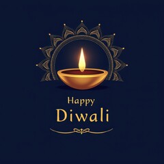 Happy diwali greeting with a traditional diya lamp and intricate mandala design on a dark blue background