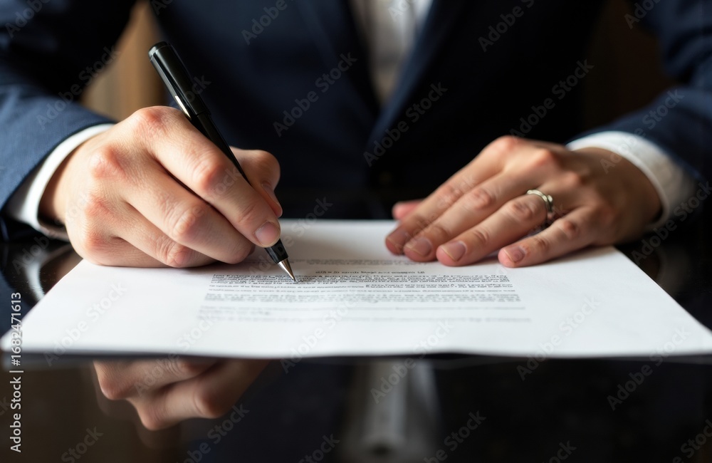 Poster a person in formal attire signing a document with a pen on a reflective surface