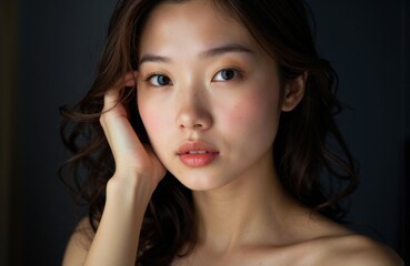 Obraz premium Woman with smooth skin and natural makeup looking directly at the camera