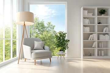 Bright interior design showcasing armchair, lamp, bookcase with summer landscape through the window