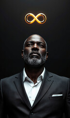 Fototapeta premium Black Male Futurist Looking Up to Glowing Infinity Icon Black man, 30s, modern businesswear, inspired gaze upward, floating infinity symbol