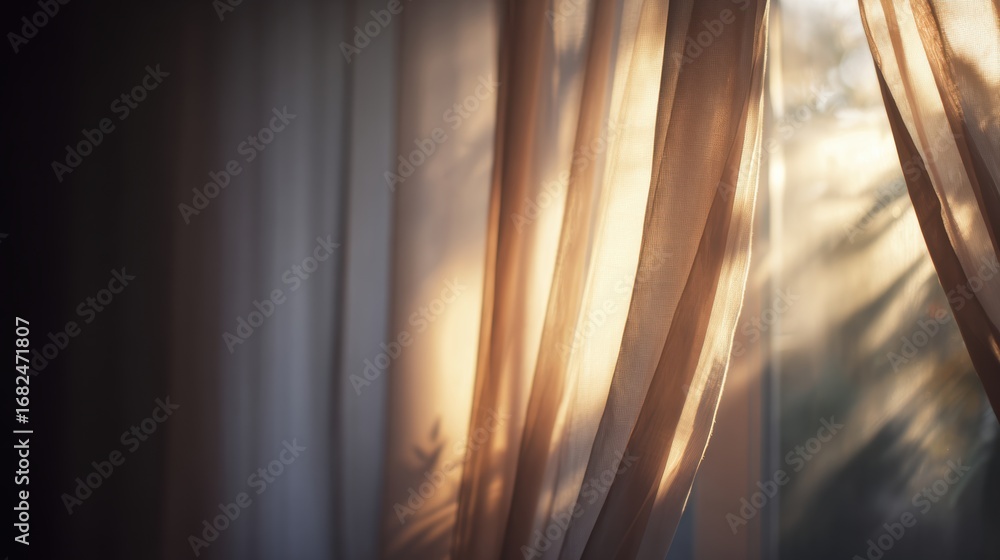Poster soft light filters through delicate curtains, creating a calming ambiance in a serene indoor setting