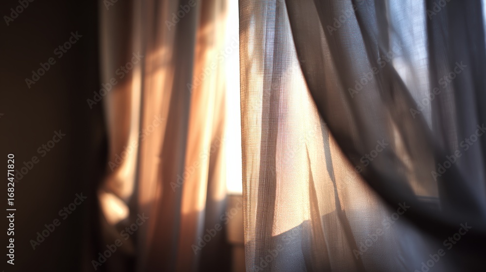 Poster soft sunlight filters through flowing curtains, creating a warm and serene atmosphere in a cozy inte
