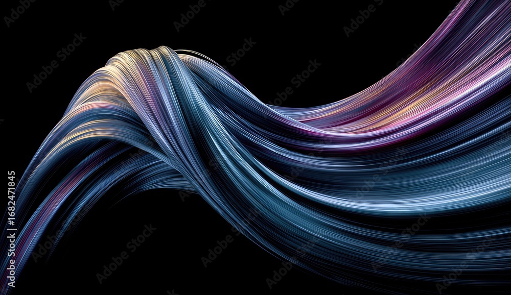 Poster dynamic abstract design with swirling, vibrant lines of color against a dark background.