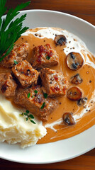 Delicious beef stroganoff with creamy mushroom sauce. Served alongside fluffy mashed potatoes.