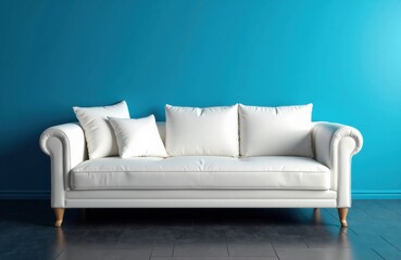 A white sofa with cushions placed against a vibrant blue wall