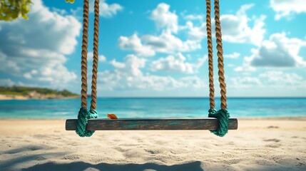 Empty swing with leaf at sandy beach overlooking the turquoise sea and blue sky