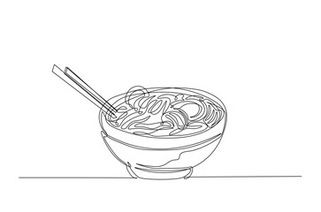 noodles or ramen in the bowl in continuous one line drawing. Single line art illustration of mie ramen in the bowl.