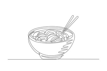 noodles or ramen in the bowl in continuous one line drawing. Single line art illustration of mie ramen in the bowl.