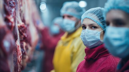 Workers in protective gear handling meat in a processing facility with focus on safety and hygiene practices.