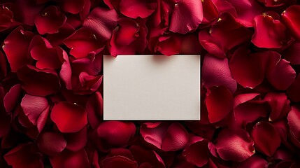 Romantic background of dark red rose petals with blank paper card invitation