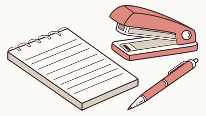 Coral pink stapler notebook and pen on white writing office supplies