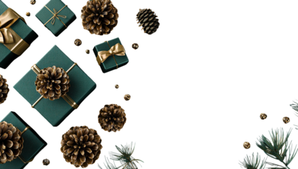 Dark teal gift boxes, golden ribbons, and pinecones scattered on a black background