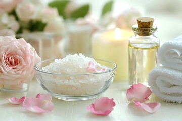 Spa treatment with salt, essential oil, candle, roses, and petals on white surface