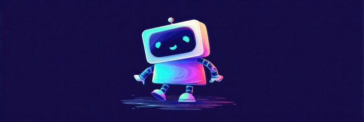 Colorful Animated Robot Character Walking in a Digital Environment at Night