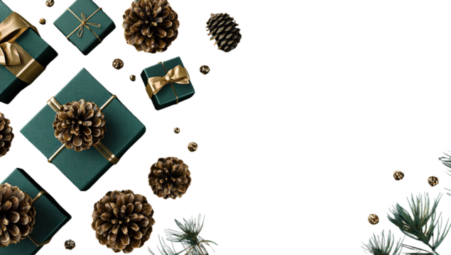 Dark teal gift boxes, golden ribbons, and pinecones scattered on a black background