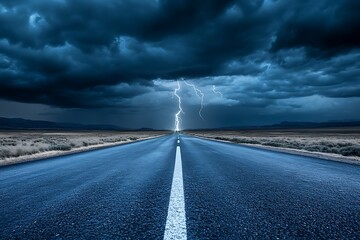 Straight asphalt road vanishing point under stormy dark clouds and lightning strike