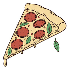Delicious pepperoni pizza slice with basil and melting cheese vector