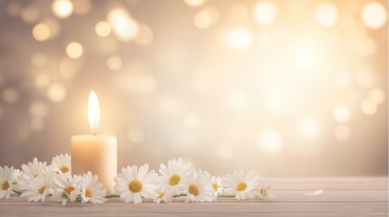 Glowing candle surrounded by white daisies, evoking tranquility and reflection.