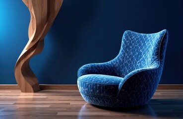 Obraz premium A stylish blue velvet armchair with a modern design placed in a contemporary interior setting