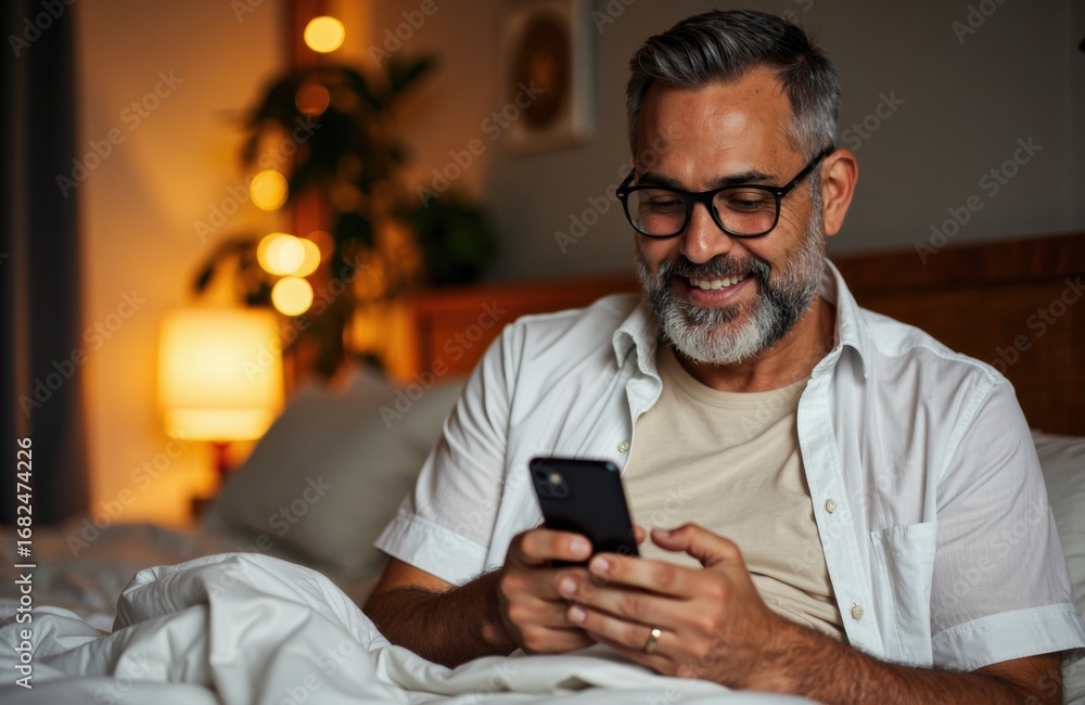 Poster a man with glasses smiling while using a smartphone in a cozy bedroom setting